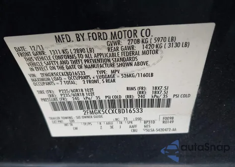 2012 Ford Flex Sel z USA, uszkodzony, nr VIN 2FMGK5CCXCBD16533